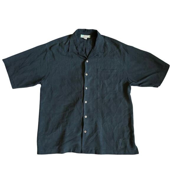 Men’s Tommy Bahama 100% Silk Black Short Sleeve Button Up Shirt Palm Tree Large - Picture 1 of 5